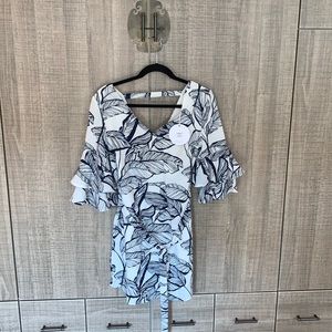 Linen Lux Ruffle Sleeve Tie Waist Leaf Print‎ Mini Dress